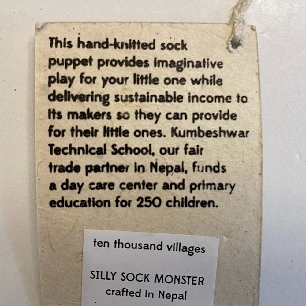 Ten Thousand Villages Silly Sock Monster Puppet Wool Handmade Nepal Toy Kids NWT - Picture 6 of 8